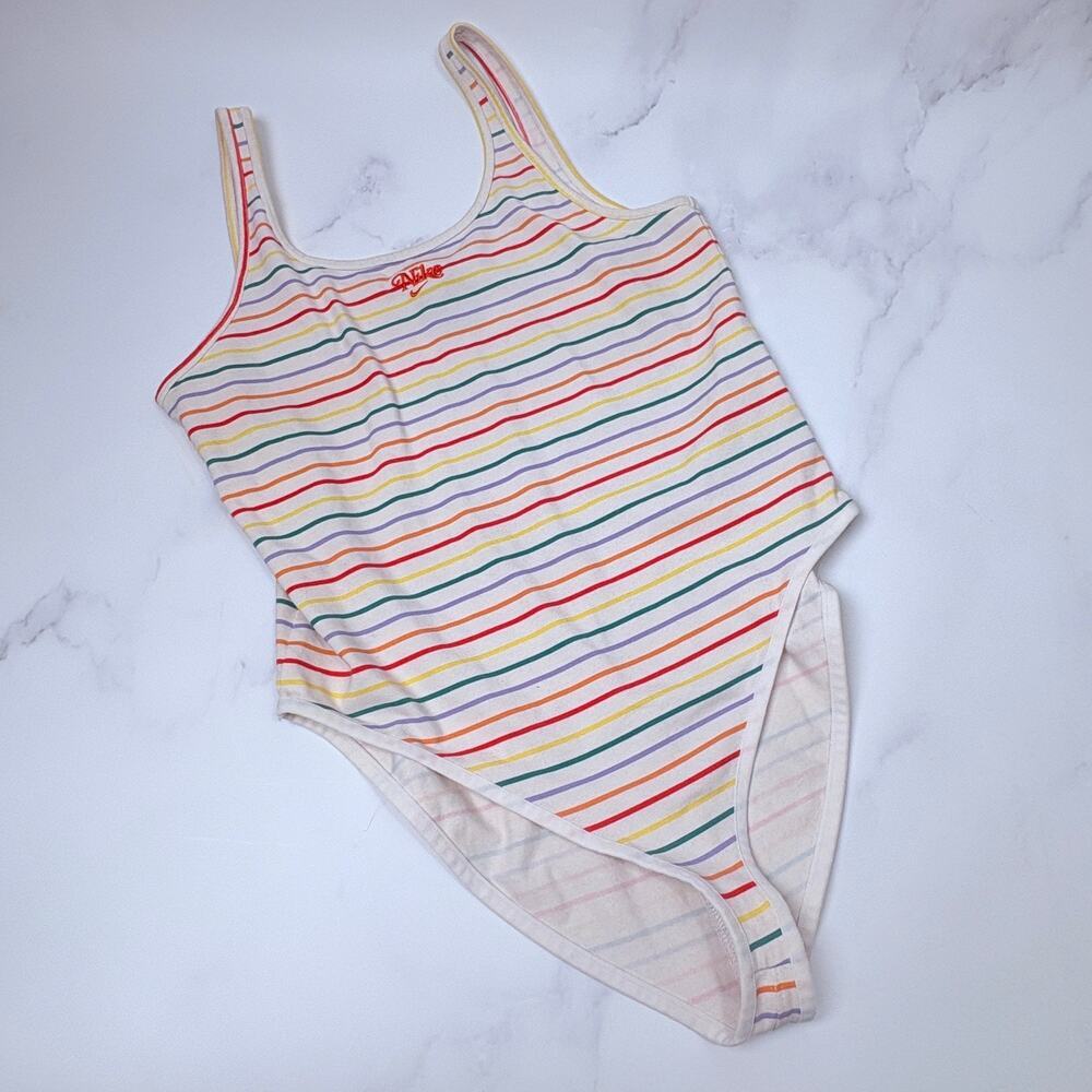 Rare Vintage 1990’s Nike One Piece Retro Rainbow Stripe Swimsuit – Size Large
